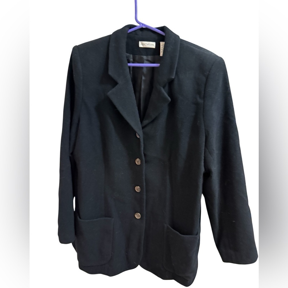Ann Taylor Black Blazer Jacket Size 14 Wool Angora Cashmere Blend